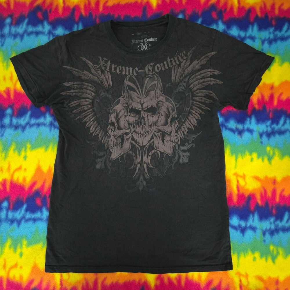 Y2K Affliction Xtreme Couture Mens Skulls Wings T-Shirt Black Size Medium